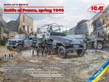 Збірна модель ICM - Битва за Францію, весна 1940. Німецька бойова техніка (Sd.Kfz 251, Sd.Kfz 251 Radio, Kfz.2 і водії) (Sd.Kfz.251/1 Ausf.A, Sd.Kfz.251/6 Ausf.A, le.gl.Einheitz-Pkw Kfz.2, German Drivers (1939-1945)) (1:35) DS3515 фото